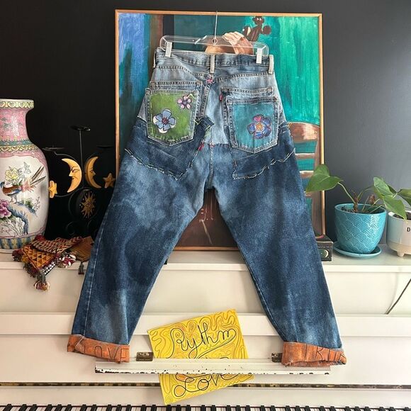 Upcycled Frayed Patchwork Jeans 33" Waist Handmade Streetwear Pants Painted - Picture 13 of 16